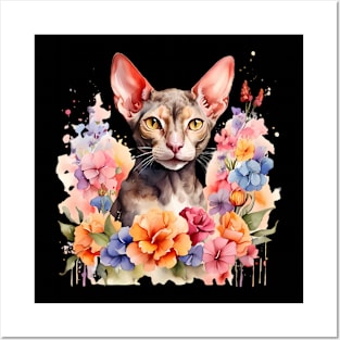 A cornish rex cat decorated with beautiful watercolor flowers Posters and Art